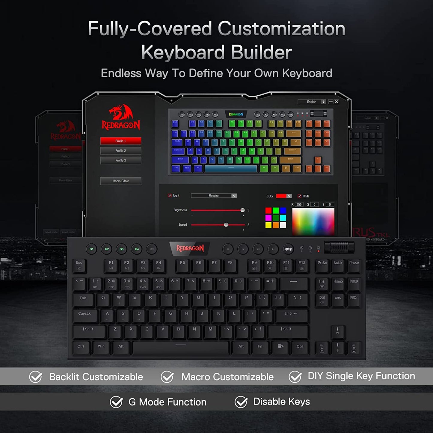 REDRAGON K621 Horus TKL RGB Gaming Wireless Mechanical Keyboard, Low Profile Red Switches (Black)