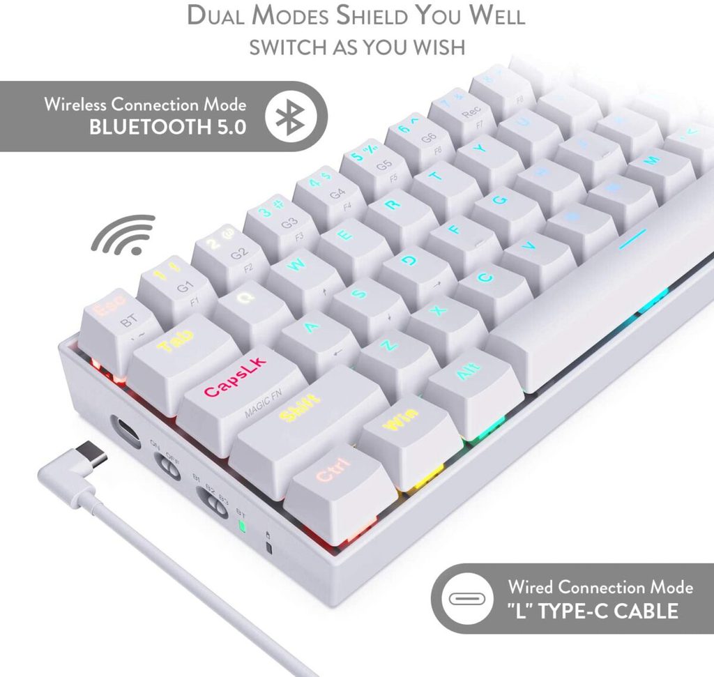 REDRAGON K530 Draconic RGB 60% Gaming Wireless Mechanical Keyboard, Brown Switches (White)