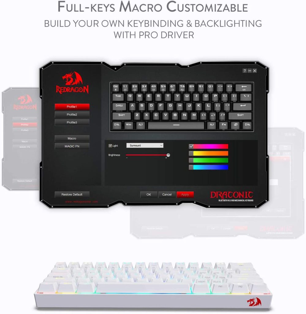 REDRAGON K530 Draconic RGB 60% Gaming Wireless Mechanical Keyboard, Brown Switches (White)