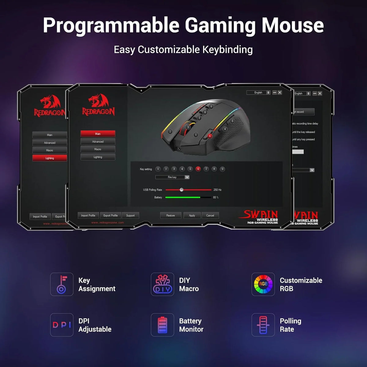 Redragon M915WL Wireless Gaming Mouse 16000 DPI 170H Battery Multicolour