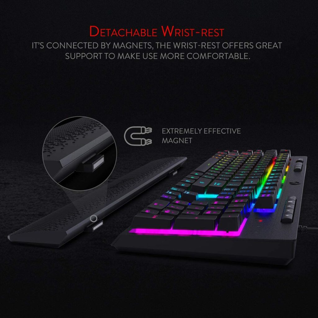Redragon K512 Shiva RGB Gaming Keyboard with Multimedia Keys, 6 Extra On-Board Macro Keys, Dedicated Media Control, Detachable Wrist Rest (Black)