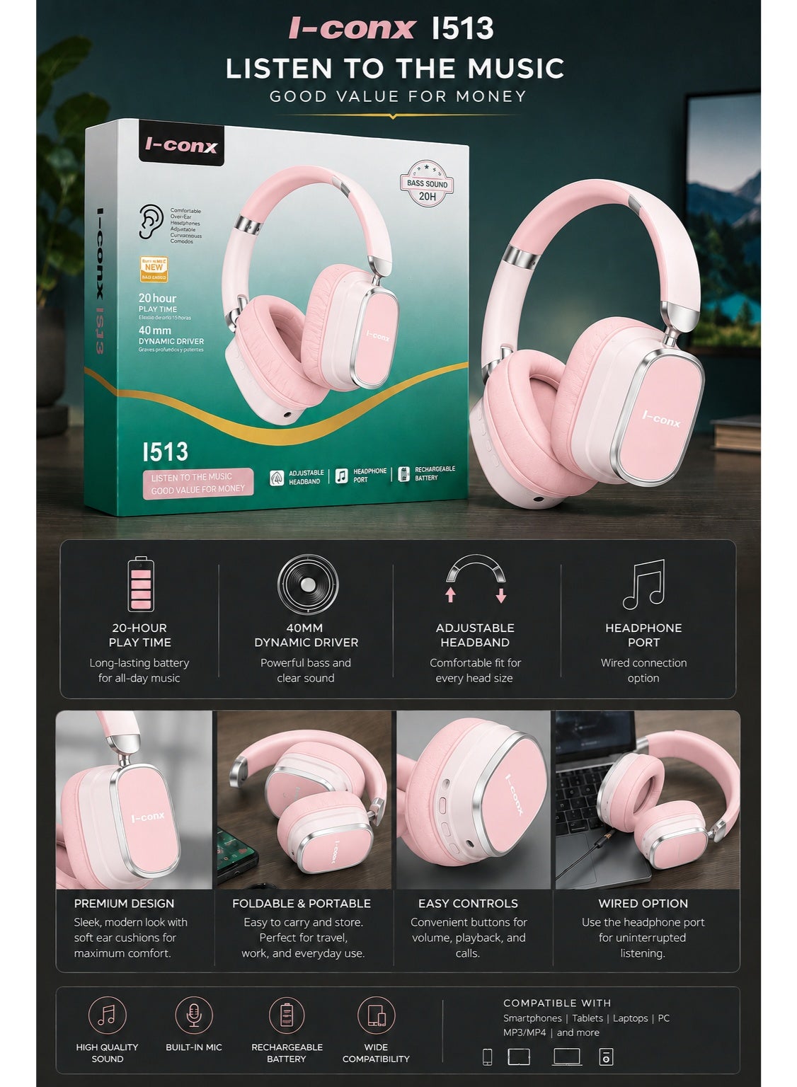 I513 Wireless Bluetooth Headphones – 40mm Drivers, Deep Stereo Bass, Noise-Reducing Mic, Bluetooth, TF Card, Type-C Char