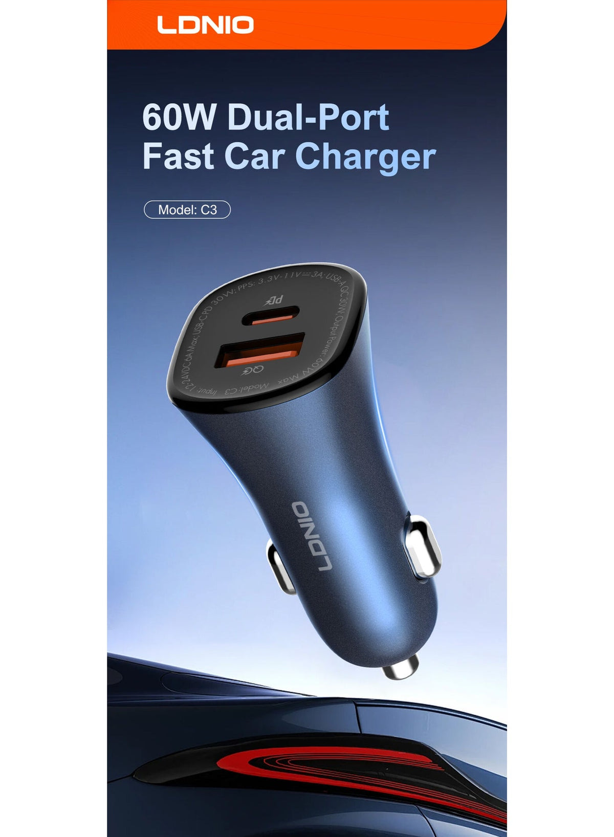60W Dual Port PD and QC Super Fast Car Charger, USB-C Power Delivery 30W and USB-A Quick Charge 30W Car Charging Adapter