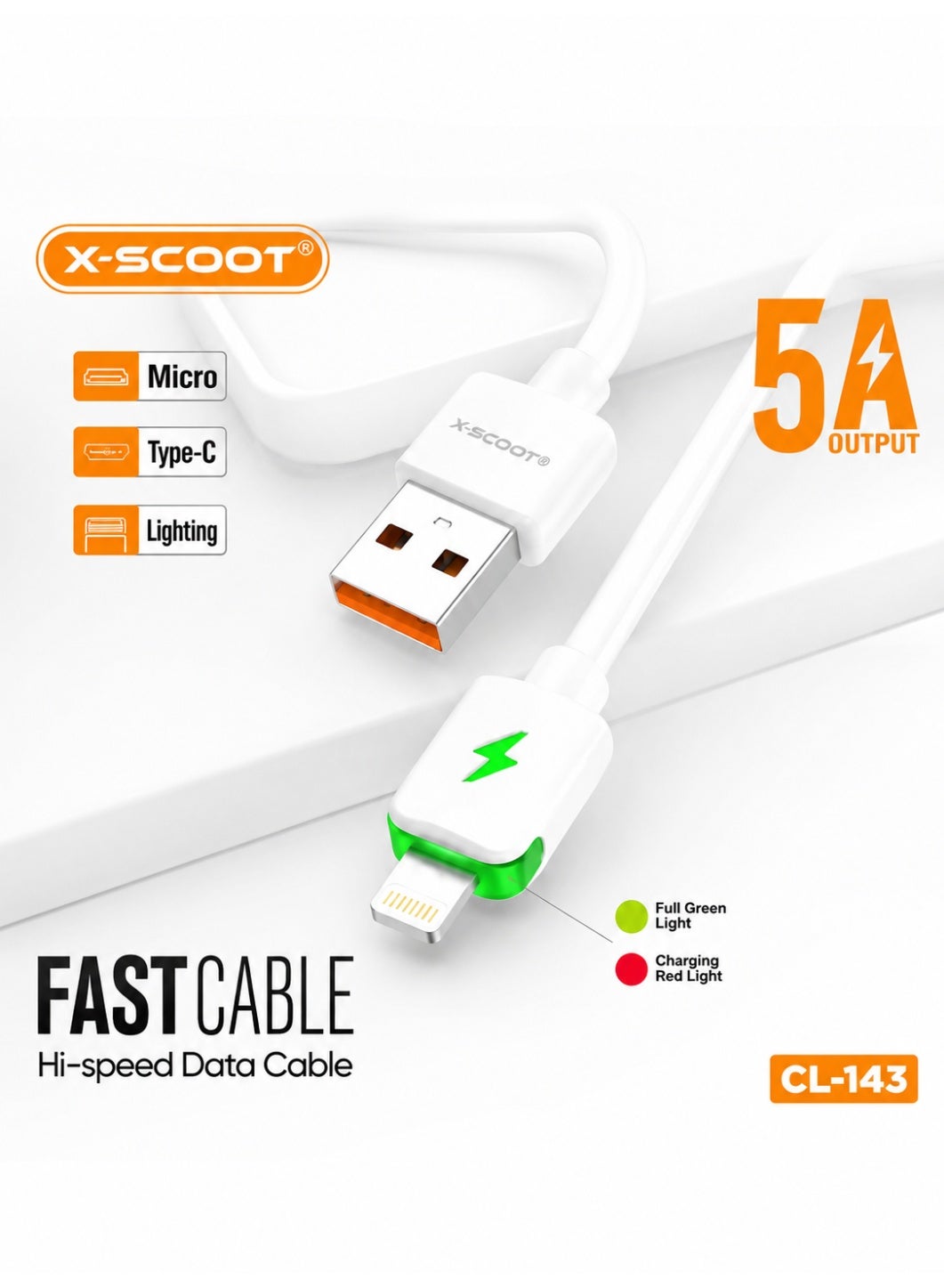 5A USB to Lightning Cable, 1m, supports fast charging and data transfer. Premium copper core, durable tangle-resistant d