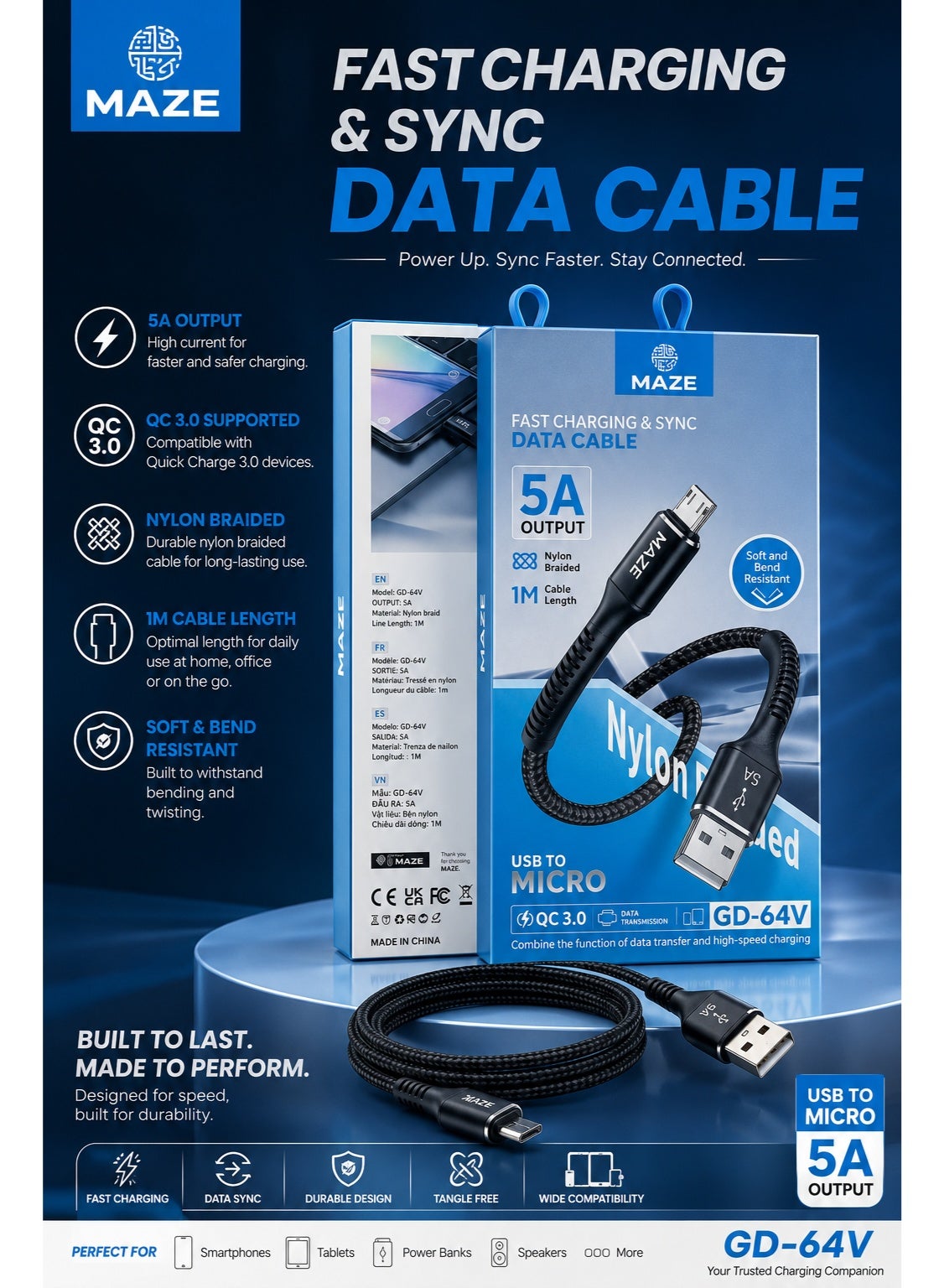 كابل MAZE GD64V شحن سريع Micro USB قوة 5A أسود