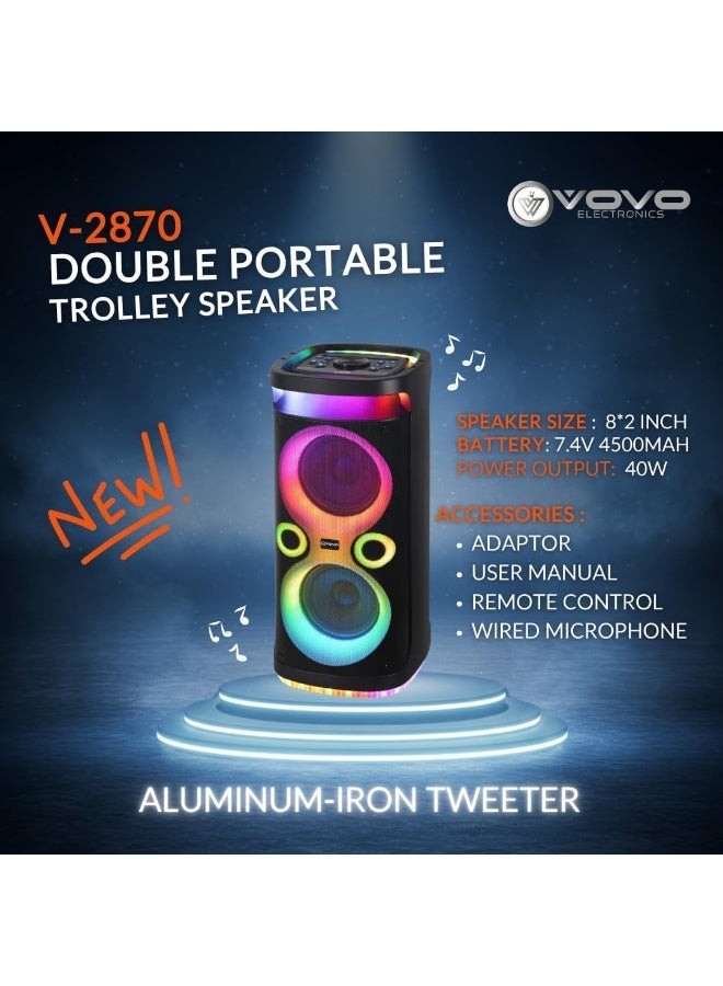 V-2870 Double 8-Inch Portable Bluetooth Party Speaker, Rechargeable Battery, Powerful Bass, LED Flame Lights, Karaoke Mi