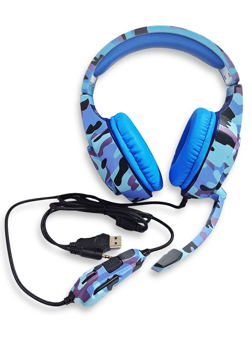 Generic Multi-Platform Gaming Headset, LED with microphone and Volume controller , USB and 3.5 Input Cable , leather earmuffe compatible with all devices, comfortable fit, stereo sound, Excellent audio quality - (T-176/Camouflage Blue)