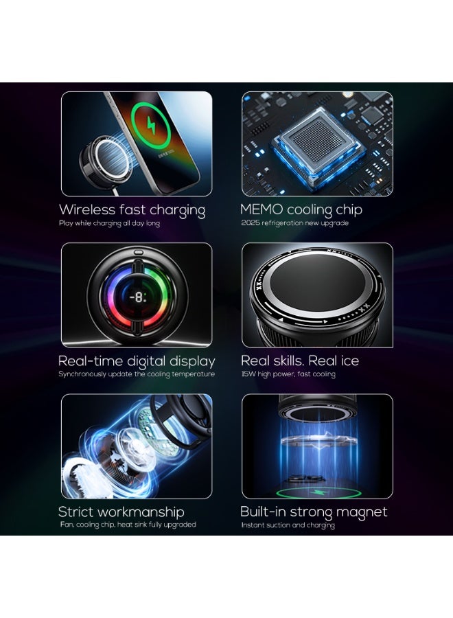 CX19 Magnetic Phone Cooler with 15W Wireless Charging – RGB LED Cooling Fan, Semiconductor Mobile Cooling Pad, Adjustabl