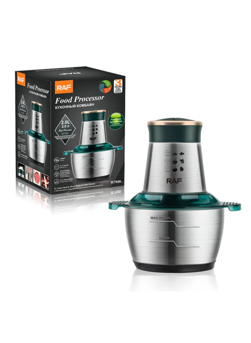 RAF Stainless Steel Food Processor, Stalis Bowl, 1000 Watt, 2 Liters, Powerful R.7029 Motor Chops Vegetables, Grinds Meats and Processes Sauces Quickly