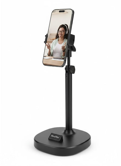 Desktop Phone & Tablet Stand – Adjustable Height (22–37 cm),  Stable Metal Base for Calls, Viewing & Recording – Black