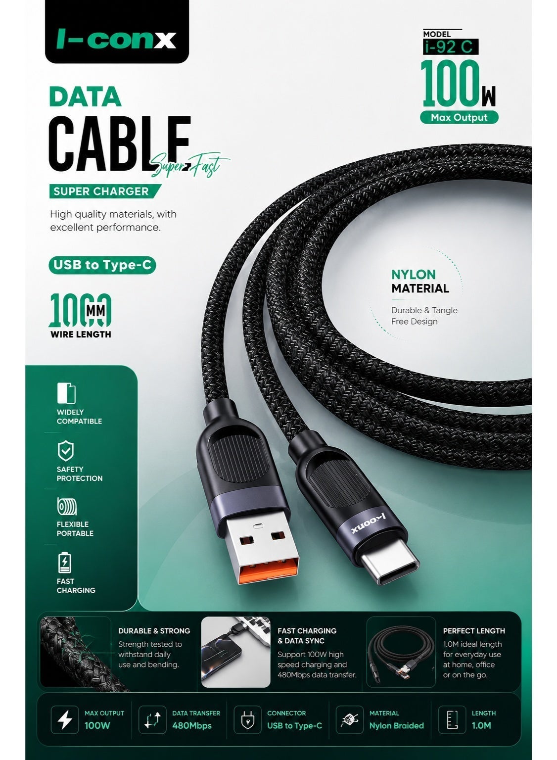 كابل شحن I-conx i92c قوة 100W طول 1m منفذ USB-C أسود