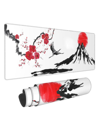 Japanese Cherry Blossom Large Gaming Mouse Pad, Extended Mousepad with Fuji Mountain, Japanes Crane Bird and Sunset White ( 70x30x2mm )