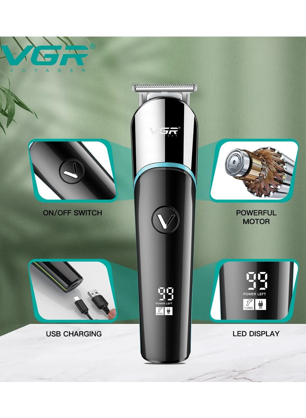 VGR V-291 Professional Rechargeable Turbo Function Cordless Beard/Hair Trimmer Kit With Guide Comb, Usb Charging Cord For Men