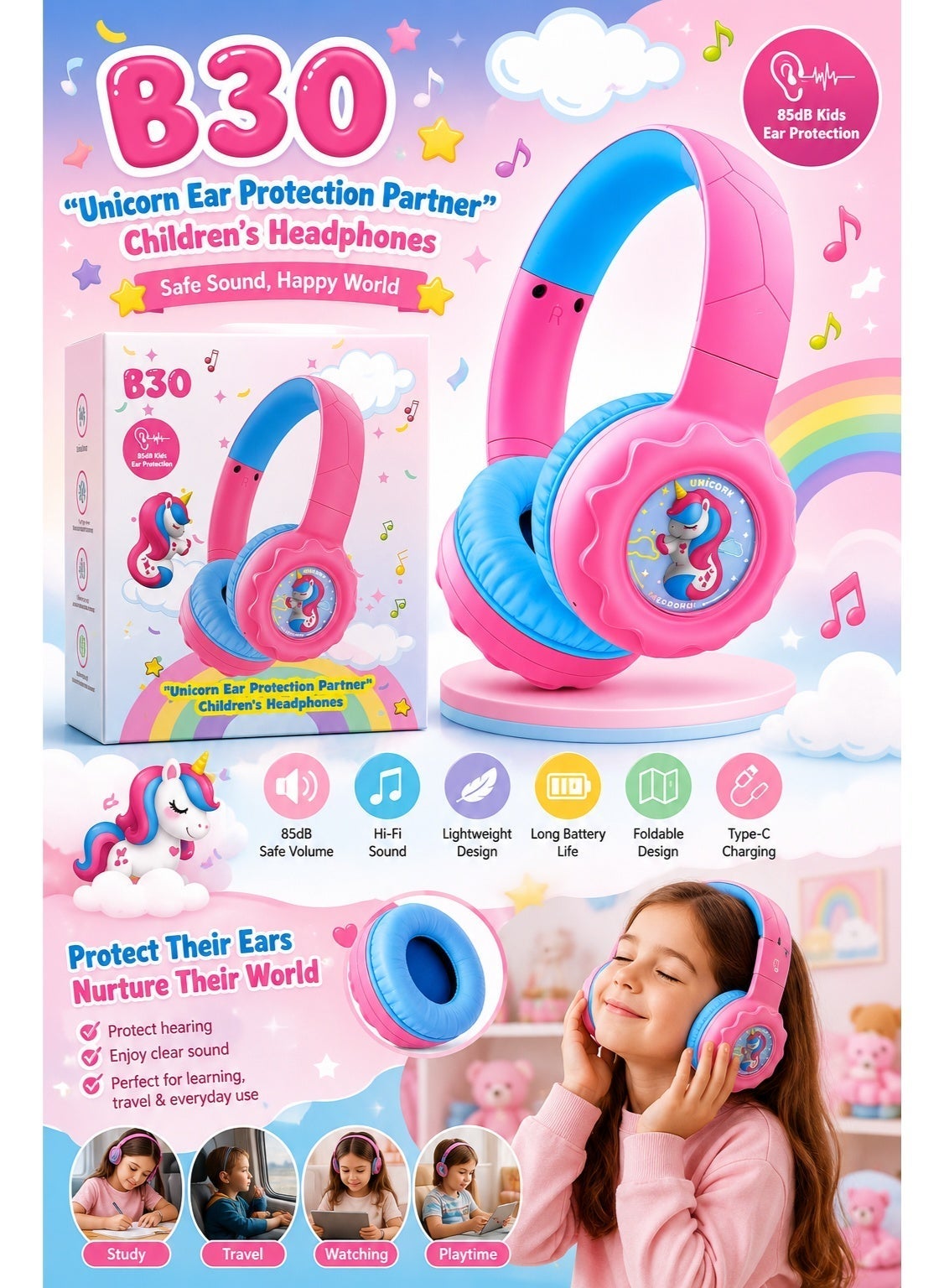 B30 Kids Wireless Headphones – Bluetooth 5.4, 108dB Safe Volume Limit, 32mm Drivers, 15m Wireless Range, 500mAh Recharge