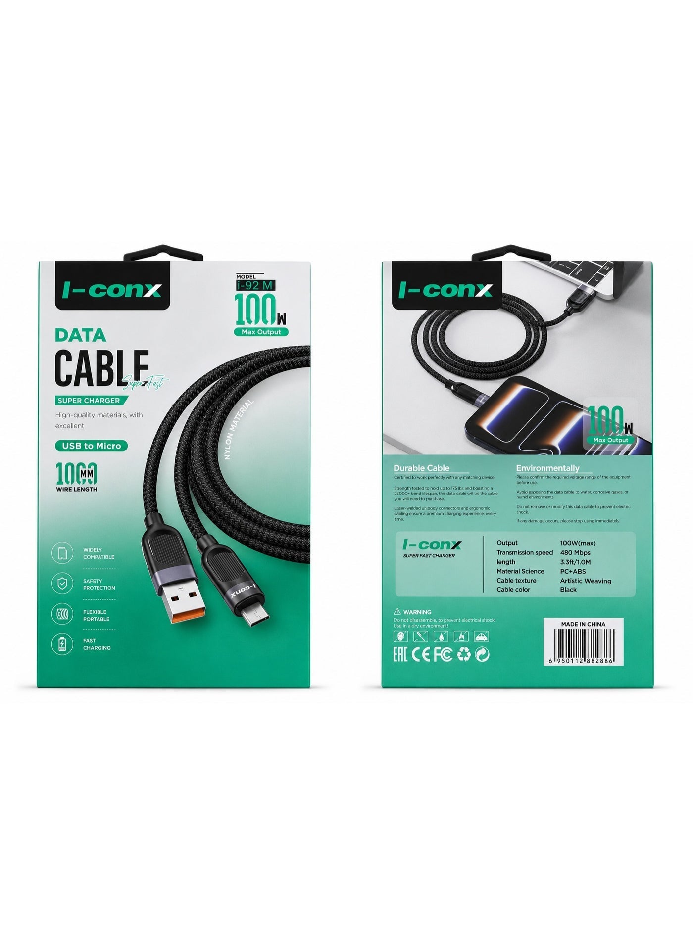 كابل شحن I-conx i92m قوة 100W طول 1m منفذ Micro USB نايلون مضفر أسود