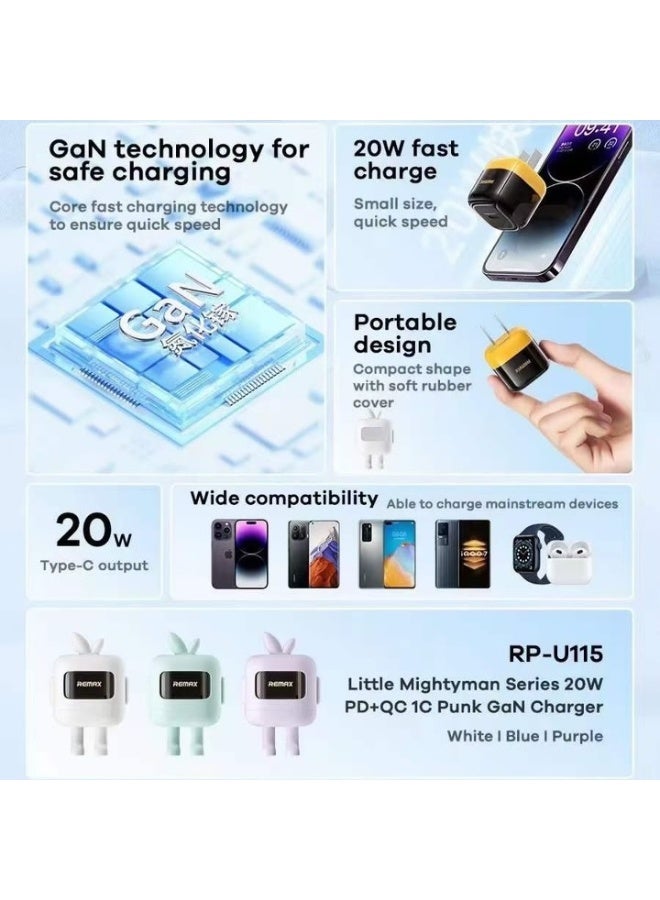 Mini Fast Charger 20W with Cute Protective Cover , Type-C PD & QC Support, GaN Technology, Safe Overvoltage Protection, 