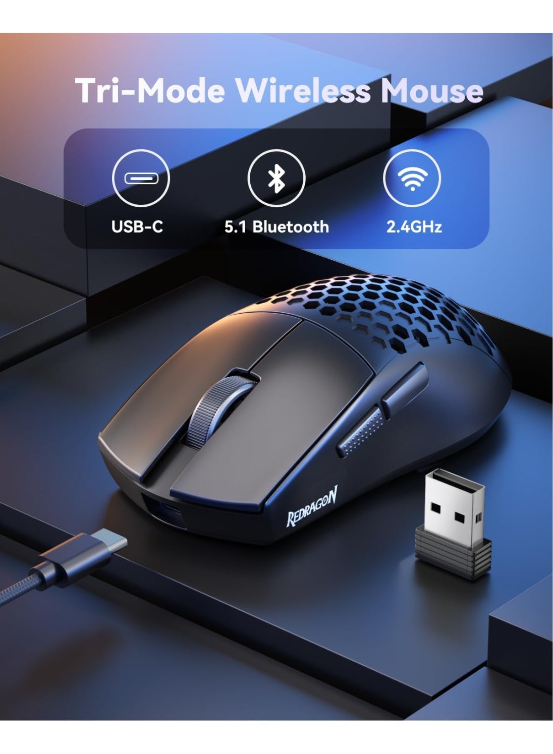 ماوس جيمنج لاسلكي Redragon M725 Astrolabe Lite أسود بهيكل Honeycomb ووزن 49 جرام ودقة 10000 DPI