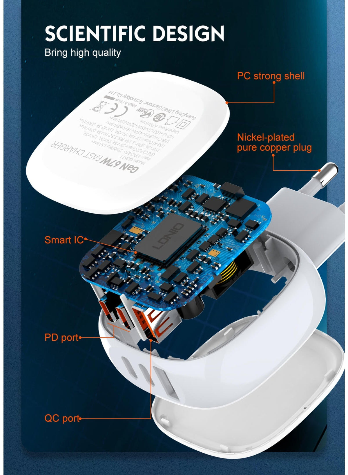 Q3611 Super Fast Charger 67W with 3 Ports (PD + QC 3.0), High Power Output for Smartphones, Tablets & Laptops, Rotatable