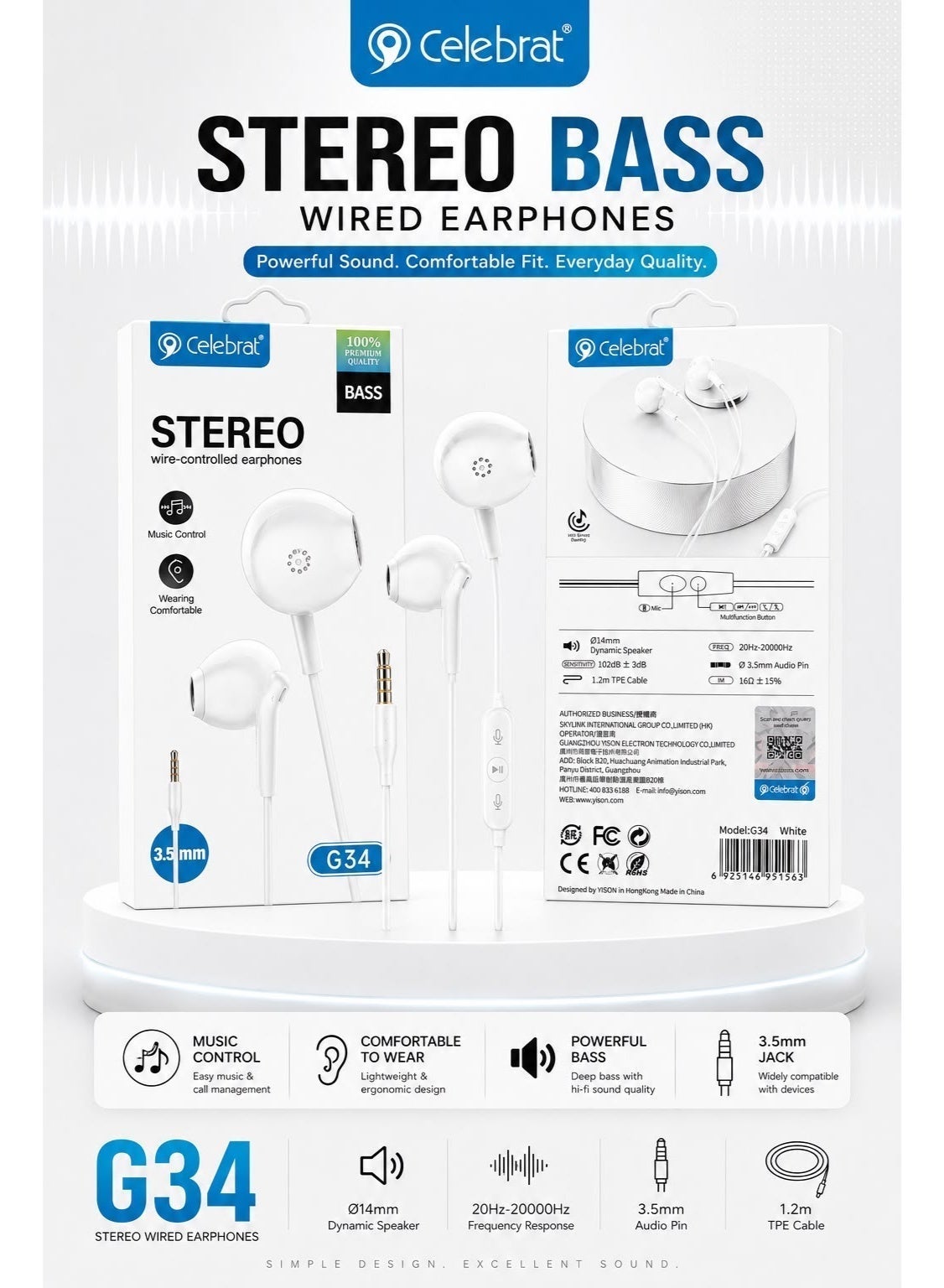 G34 Wired In-Ear Earphones – Clear Stereo Sound Quality, Built-in Microphone for Hands-Free Calls, Comfortable Ergonomic