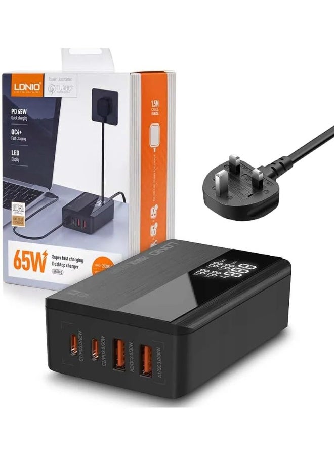 A4808Q 70W Desktop Fast Charger with 2 USB-C PD 3.0 & 2 USB-A QC 4.0 Ports, LED Power Display, Multi-Device Charging Sta