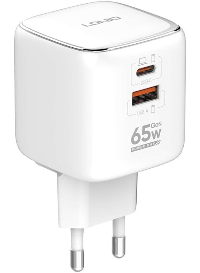 Q2617 Fast Wall Charger 65W with Dual Ports (USB-C & USB-A), PD & QC 3.0 Super Fast Charging, Foldable Plug Design, Incl