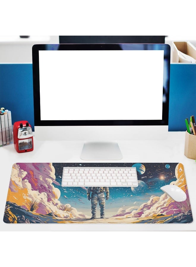 Astronaut Desk Pad Mouse Pad Psychedelic Space Fantasy Planet Extended Gaming Mouse Pad Mat with Stitched Edge Non-Slip 