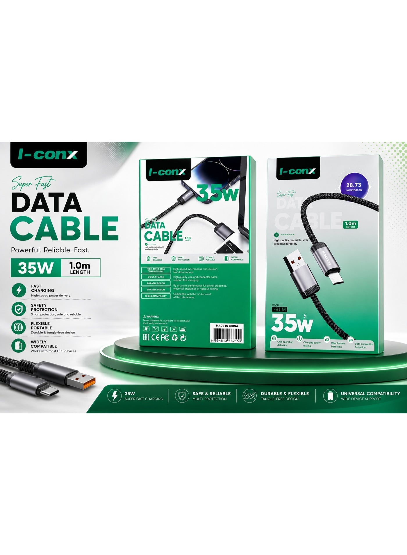 كابل شحن I-conx i91m قوة 35W طول 1m منفذ Micro USB خامة TPE أسود