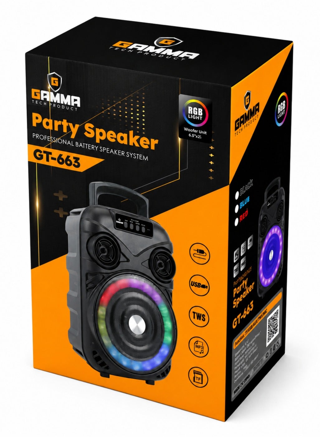 GT-663 Portable Bluetooth Speaker, 6.5-Inch Wireless Party Speaker, 5W Powerful Sound, RGB LED Lights, 800mAh Rechargeab