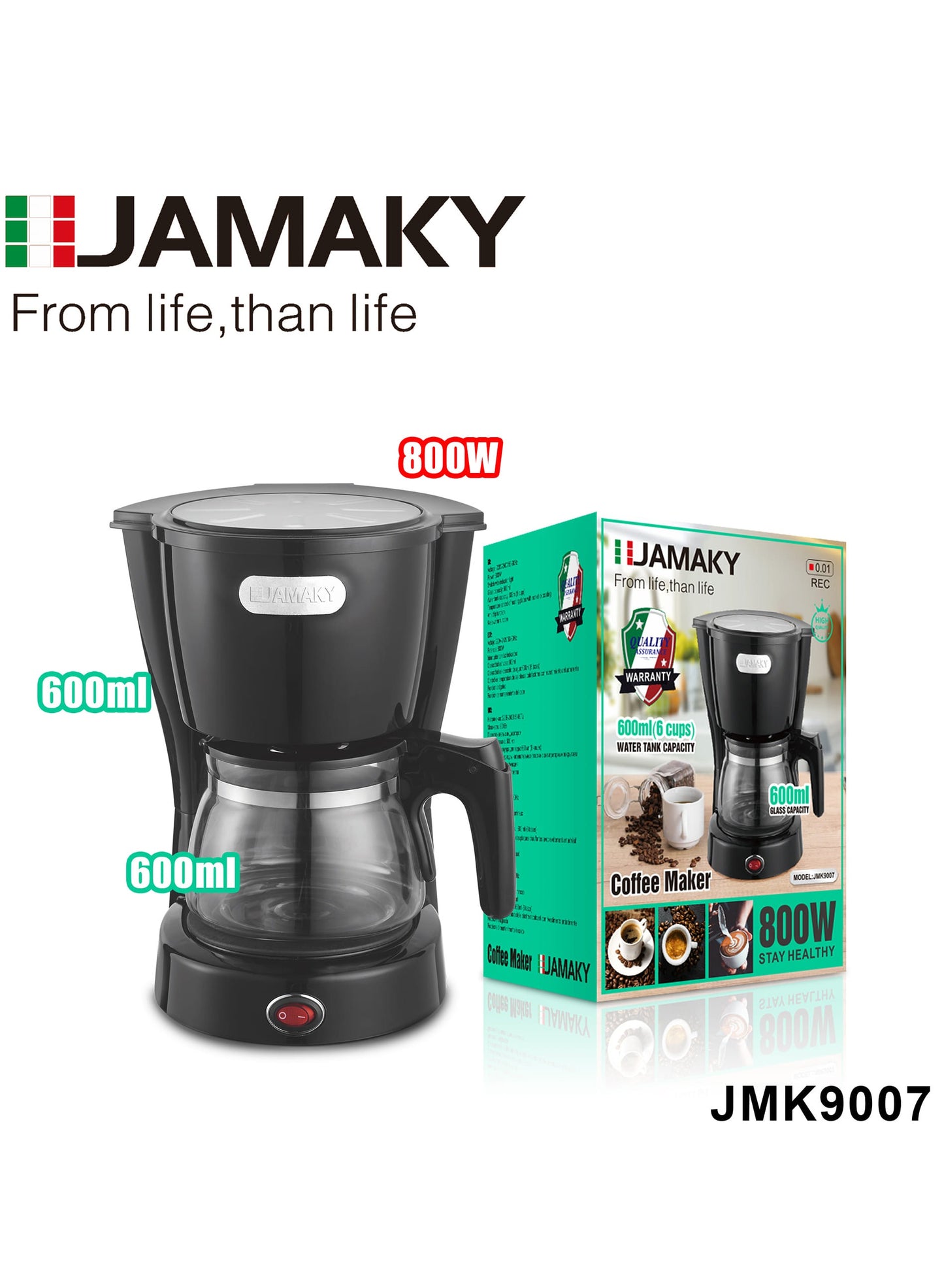 JAMAKY Italy Coffee Maker Machine With Water Tank 600ml 800W -JMK9007 Black