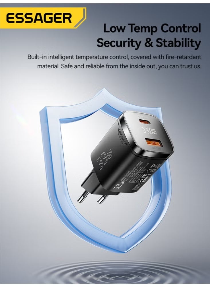 شاحن حائط ESSAGER JT-P18 GaN قوة 33W شاشة LED منفذين أسود