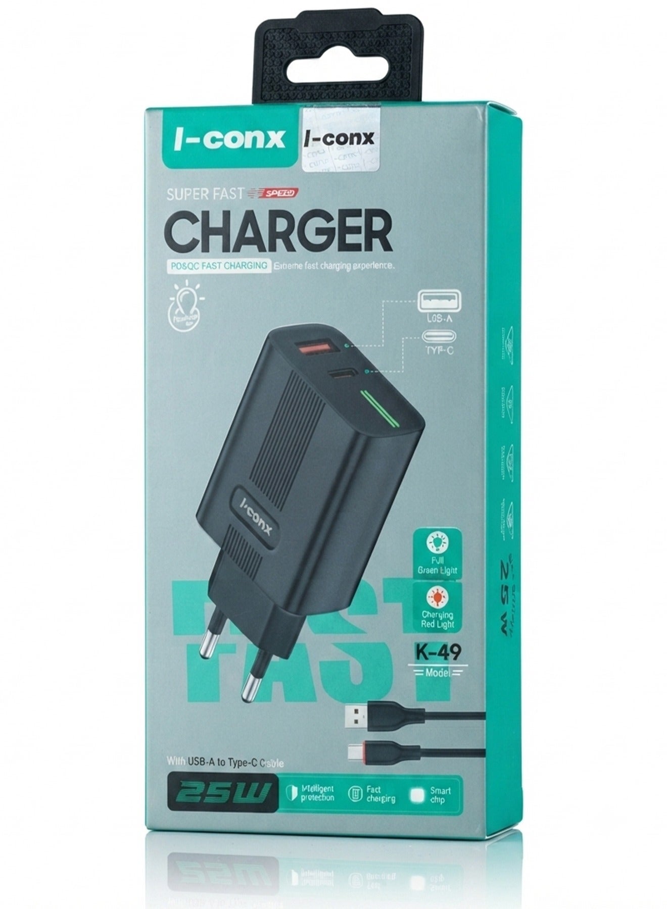 شاحن حائط I-conx K-49 قوة 25W تقنية PD+QC أسود
