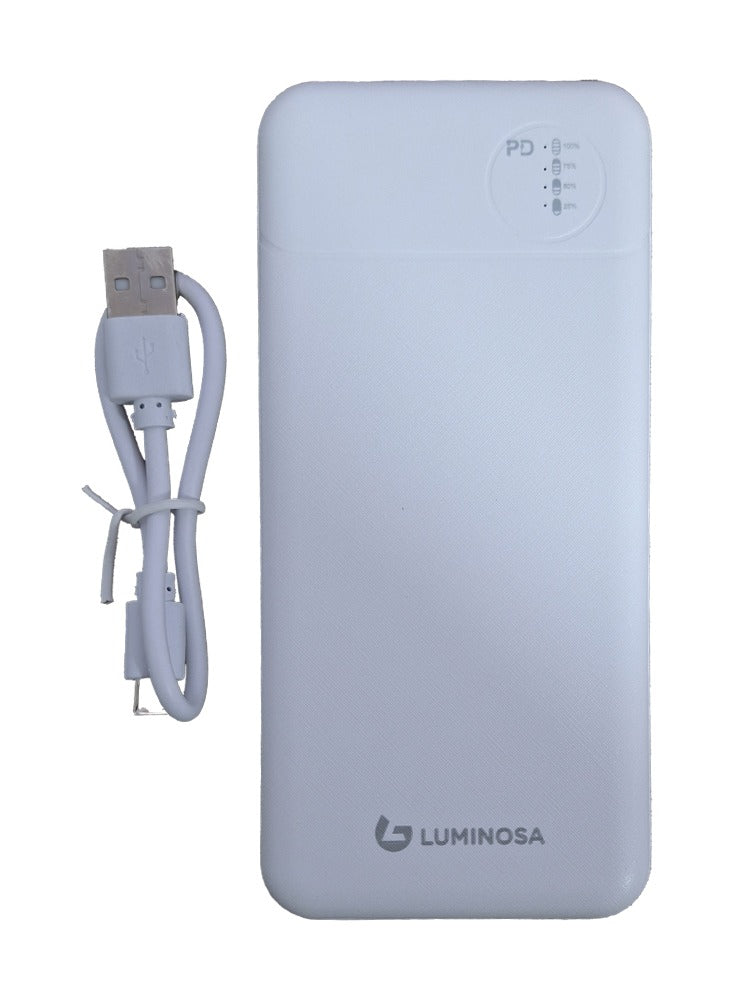 Luminosa Power Bank 10000 mAh , uses lithium polymer quick charger battery 22.5 W - white , which is safe, and does not explode with USB-C cable. It can be carried on the plane.