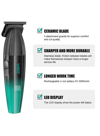 VGR Fresh Fade Professional Hair Trimmer, 9000rpm Zero Gapped Beard Trimmer for Men, DLC T-Blade Cordless Hair Clipper/Trimmer for Barbers and USB Rechargeable, Green V-906