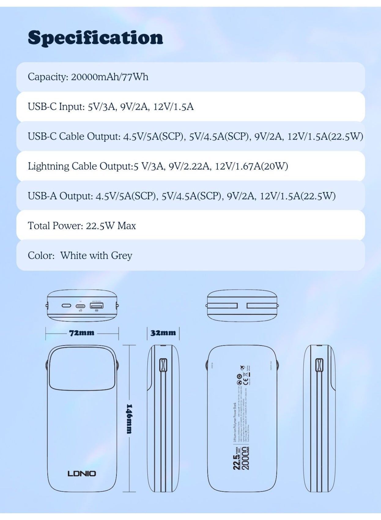 PQ20 20000mAh Fast Charging Power Bank with Built-In Charging Cables, 22.5W USB-C PD Output, 18W USB-C Fast Input, LED D