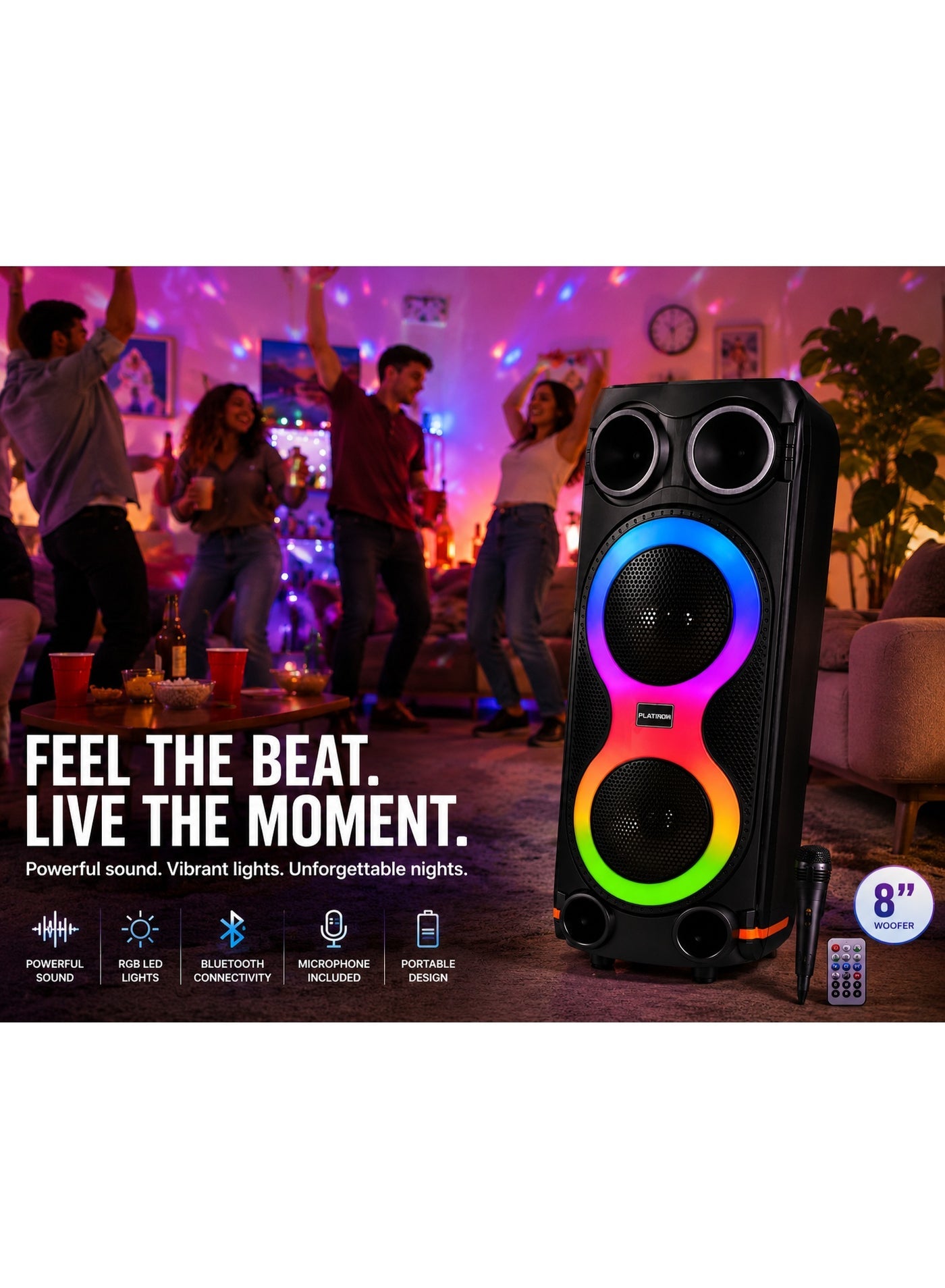 Portable Dual 8 Inch Rechargeable Karaoke Speaker System with LED Light – Wireless Party Speaker with USB TF Card AUX Li