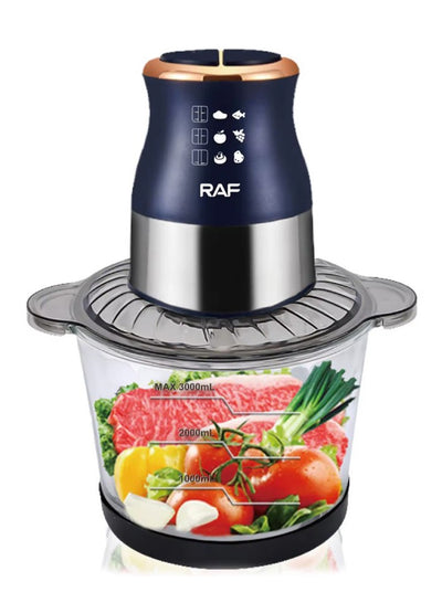 RAF Powerful vegetable and meat grinder, contains a grinder, a quad blade, and a 3.0 liter glass bowl with a capacity of 800 watts, model R.7020 H, blue/gold