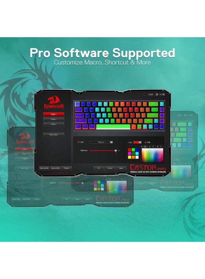 كيبورد جيمنج Redragon K631 CASTOR PRO ميكانيكال بتصميم شفاف ومفاتيح Panda