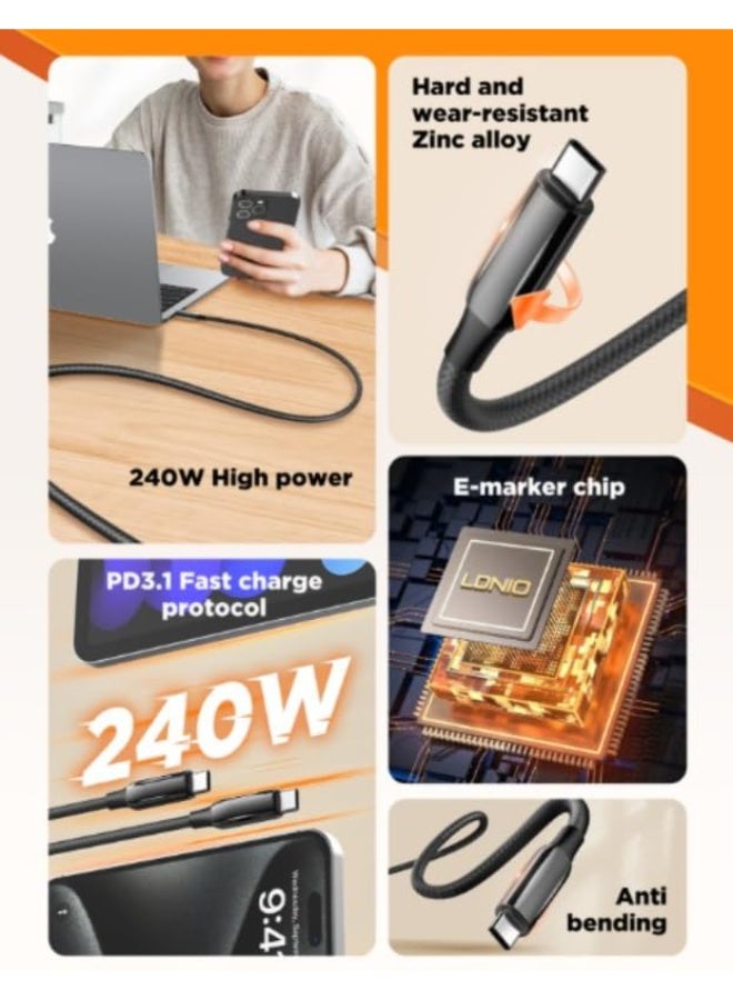 كابل شحن سريع USB-C إلى USB-C بقدرة 240 واط، بطول متر واحد، مزود بتقنية PD 3.1 لتوصيل الطاقة، وشريحة E-Marker، ونقل بيان