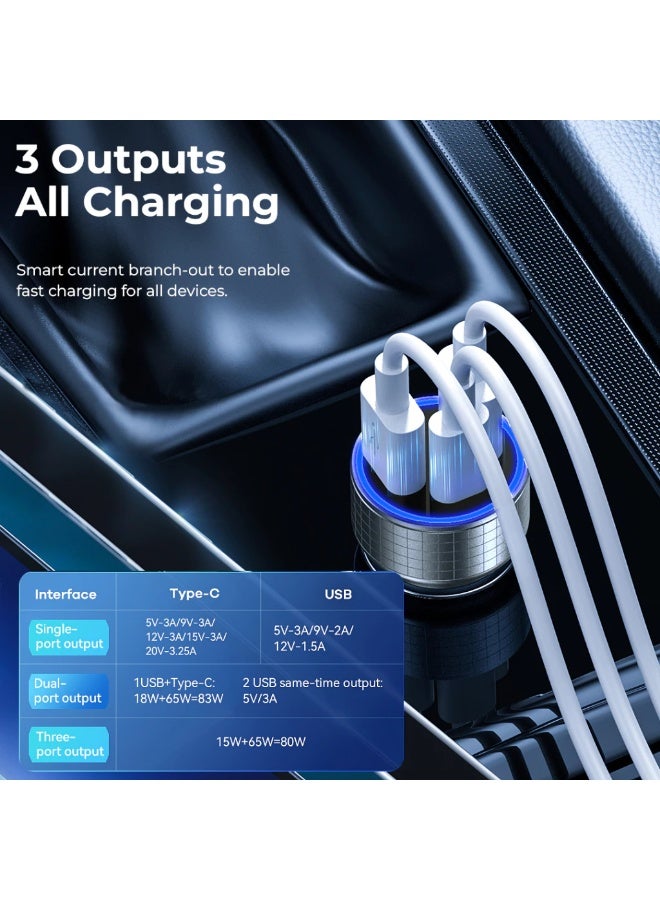 83W Fast Car Charger , RCC327 Salo III Series , PD 65W + QC 18W, Triple Output ( 2 USB + Type-C), Aluminum Alloy Mini Ch