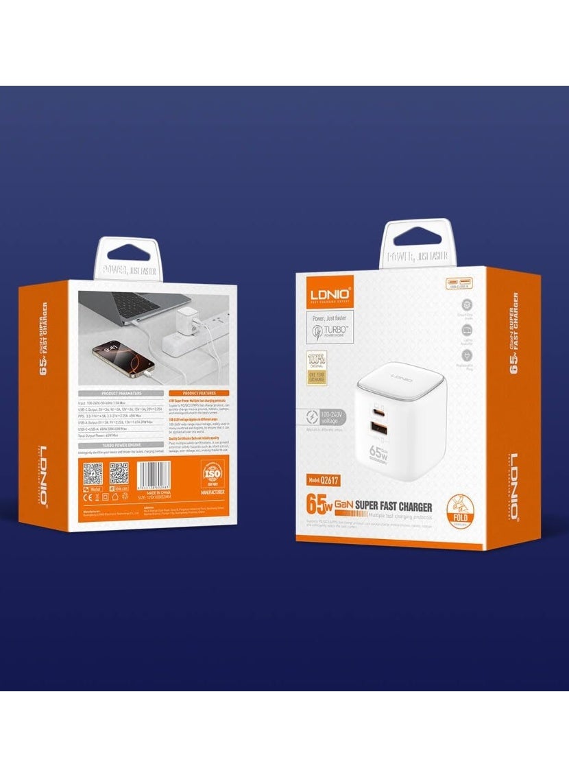 Q2617 Fast Wall Charger 65W with Dual Ports (USB-C & USB-A), PD & QC 3.0 Super Fast Charging, Foldable Plug Design, Incl
