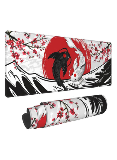 Japanese Black White Yin Yang Koi Fish Kanagawa Wave Mouse Pad XL Extended Desk Mat, Non Slip Rubber Base Stitched Edge Gaming Pc Desktop Large Mice Pad ( 80x30x2mm )