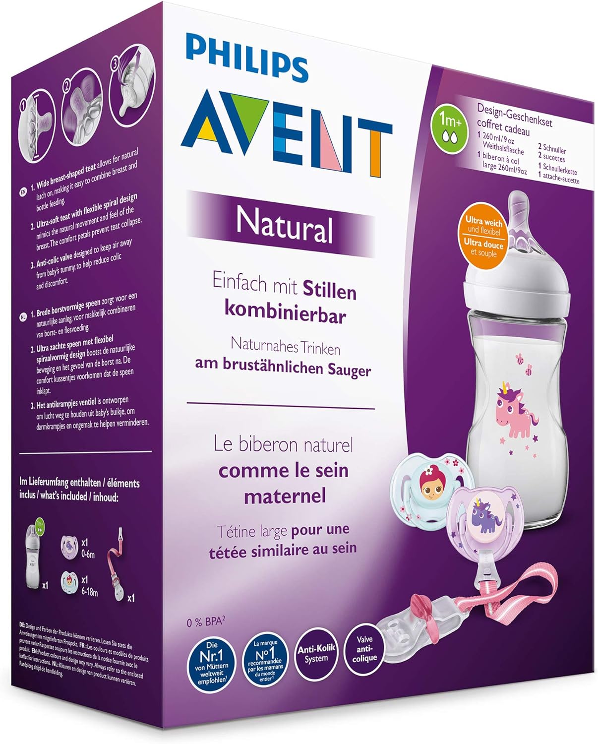 Philips Avent Natural Bottle Set With Pacifier Chain, 260ml
