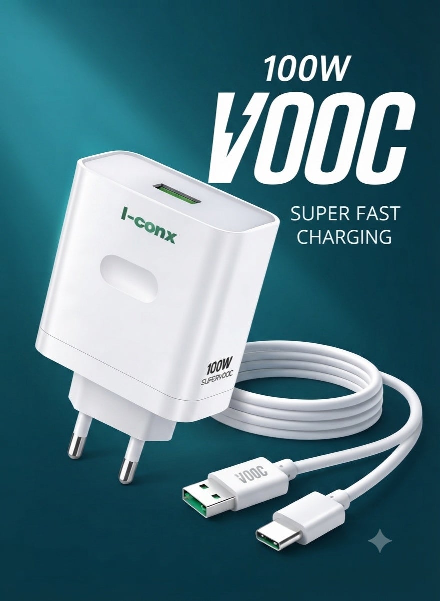 K-44 100W USB-A Fast Wall Charger with USB-C Cable – PD, Super VOOC & QC Fast Charging Travel Adapter, Smart Chip, Stabl