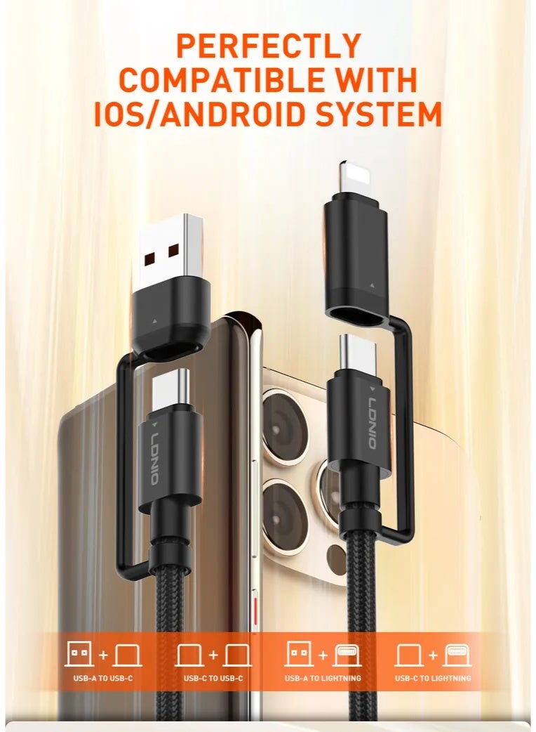 65W 4-In-1 Fast Charging Data Cable With USB-A And USB-C Inputs Lightning And USB-C Outputs High-Speed Data Transfer Bra