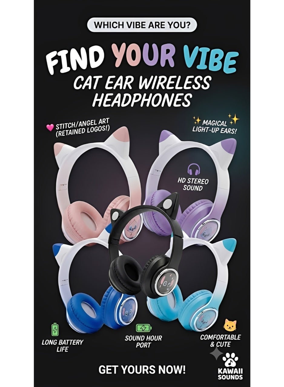 M33 Cat Ear Wireless Bluetooth Headset with RGB Lighting, HD Stereo Sound, Built-In Microphone, 3.5mm AUX, USB-C Recharg