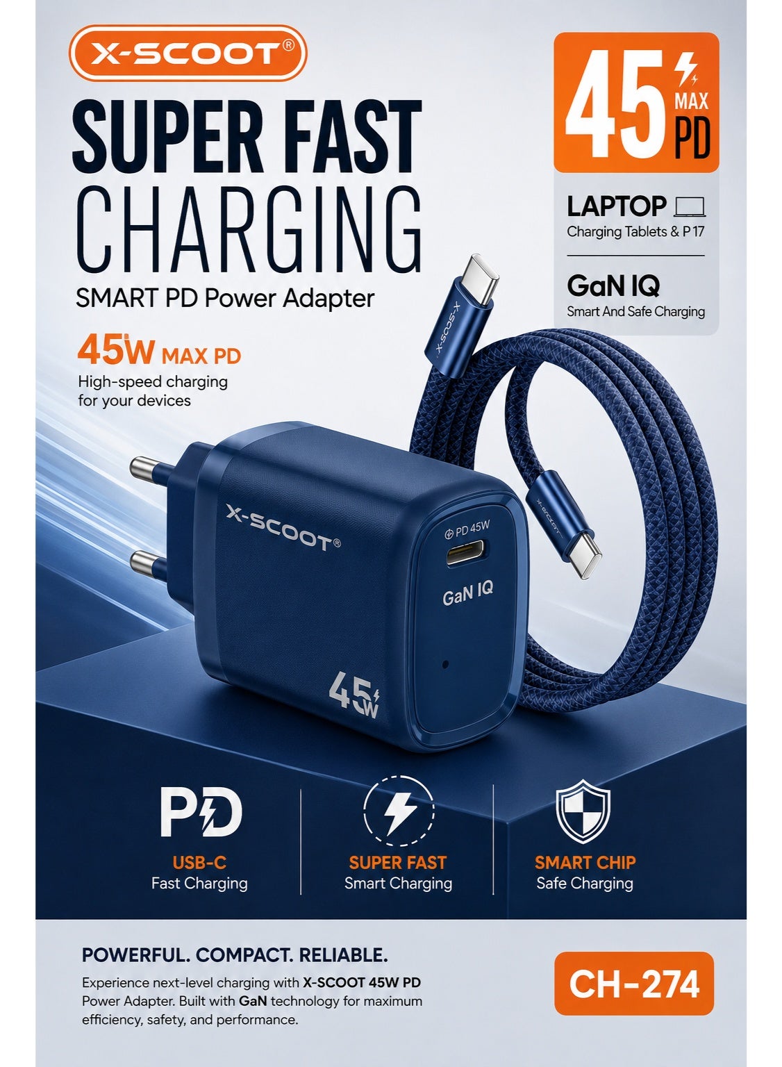 شاحن حائط X-SCOOT CH-274 GaN 45W كابل Type-C مضفر أزرق