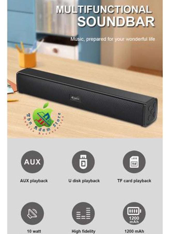 Kisonli Soundbar music speaker wireless Bluetooth speaker with an output power of 10W (5W x 2 for bass). It features a 52mm horn and has a playing time of 2 to 5 hours on a 1200mAh battery. The speaker operates at a voltage of DC 5V and 500mA