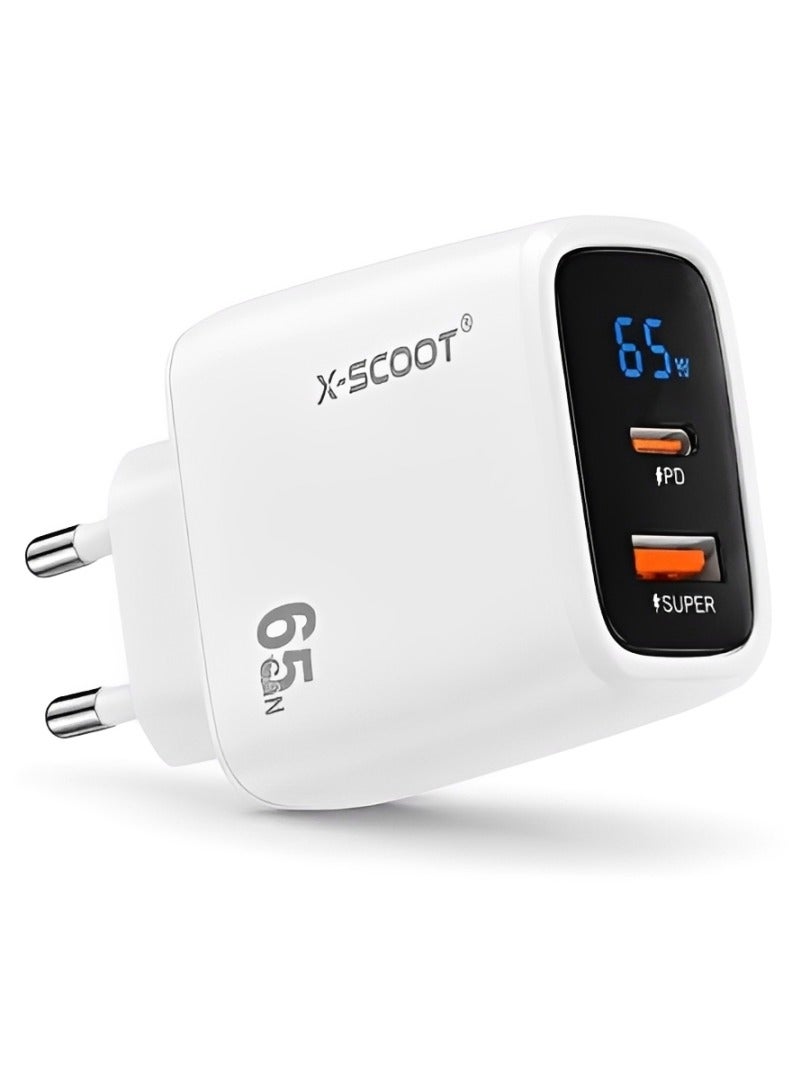 CH-272 LCD Smart Fast Charger 65W – Dual Port Type-C & USB Wall Charger with Real-Time Power Display, Universal AC 100-2