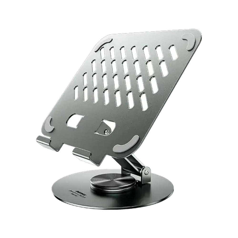 Foldable metal stand for iPad &amp; mobiles with stylish design, 360° rotation, ventilation for cooling, compact &amp; portable. Perfect for studying, working, or watching content anytime, anywhere.