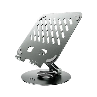 Foldable metal stand for iPad &amp; mobiles with stylish design, 360° rotation, ventilation for cooling, compact &amp; portable. Perfect for studying, working, or watching content anytime, anywhere.